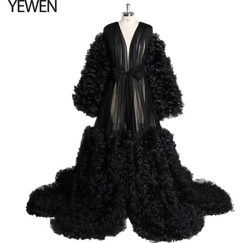 New Design V Neck Black Ruffle Large Skirt 2021 Maternity Gowns Puffy Long Sleeves Dress for Baby Shower Pregnancy Dress YEWEN
