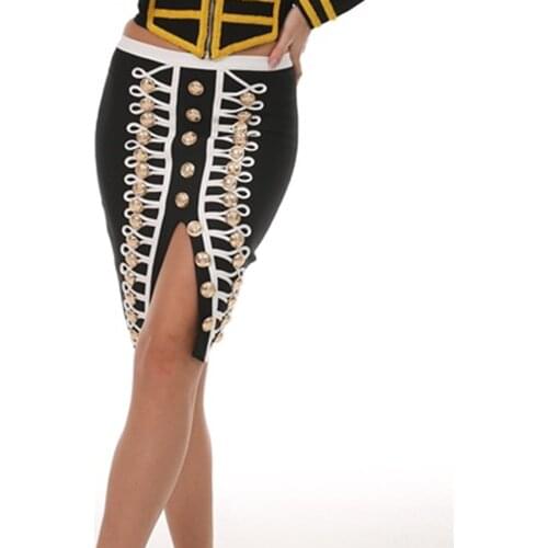 Autumn Ladies Asymmetrical V Cut Out Gold Beading Skirt Red High Waist Casual Skirts Split Bodycon Short Bandage Skirt Womens