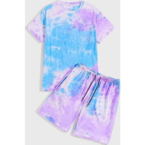 2021 New Fashion 2 Pieces Nightwear Set, Men’ s Tie-Dyed O-Neck Short Sleeve Tops+ Short Pants For Summer, S/M/L/XL/XXL