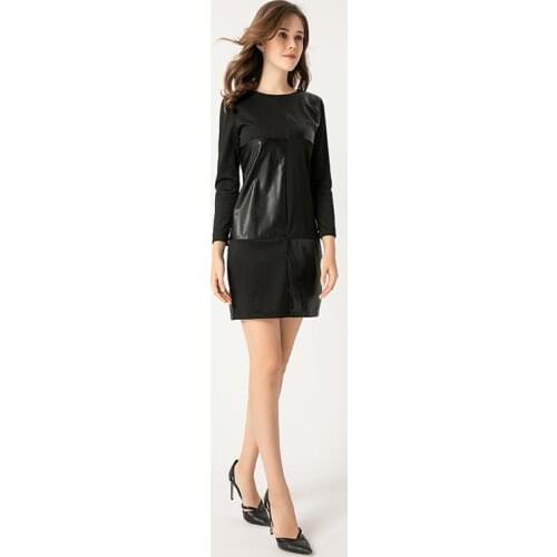 Dabourfeel Fashion Pu Leather Straight Party Dress Long Sleeve O Neck Black Mini Slim Office Lady Vintage 2021 Plus Size