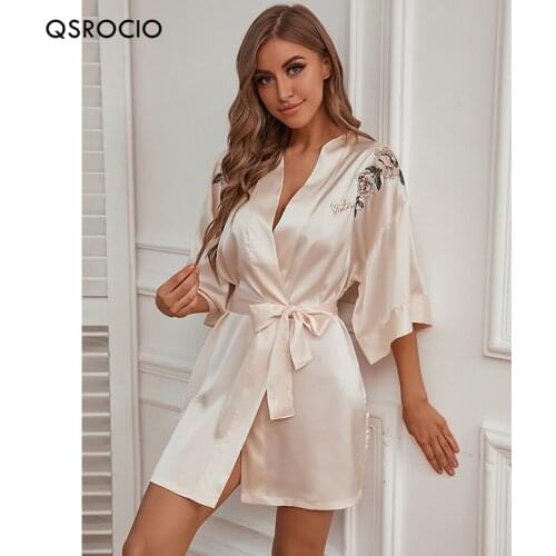 QSROCIO Summer Womens Pajamas Embroidered Floral Robe Sleepwear Silk Like Lady Bathrobe Home Clothes Sexy Nightwear Femme