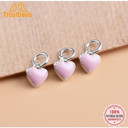 TrustDavis Real S925 Sterling Silver Romantic Pink Heart Charms Pendant for Bracelet or Necklace DIY Accessories Jewelry HY071