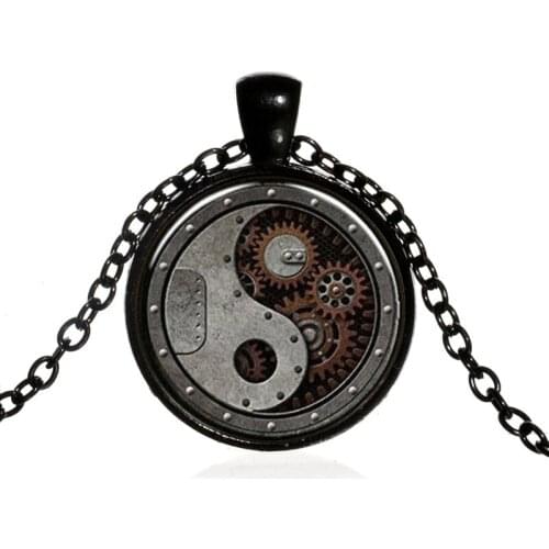 Vintage Cute Tai Chi Yin Yang Gear Dial Round Glass Pendent Necklace for Women Men Girls Kids Neck Collar Jewelry Gift Wholesale