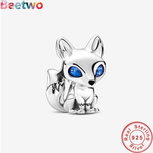 925 Sterling Silver Blue Zircon Eyed Fox Charm Beads Fit Original Charms Bracelet Bead Women Fashion Jewelry Berloque