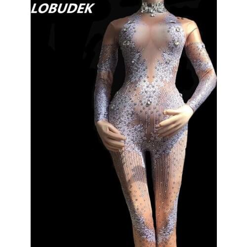 Flowers Pattern Crystals Elastic Jumpsuit Female Nightclub DJ DS Costume Sexy Bar Dancer Performance Stage Wear Stretch Rompers