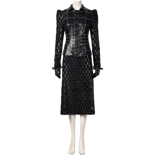 2021 Cruella Cosplay Costumes Cruella De Vil Wig Womens Leather Skirts Movie Costume Set Halloween Performance Dress and Gloves