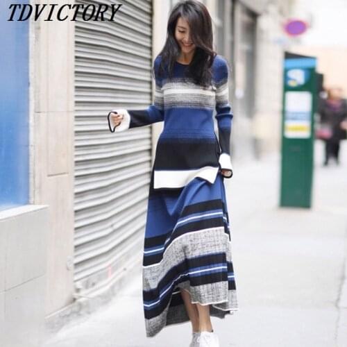 2018 Autumn Winter Women Striped Two Piece Set O Neck Flare Sleeve Long Sweater Pullover & Female Casual Knitted Skirt Set