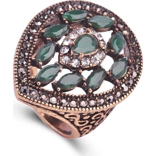 Blucome New Vintage Turkish Jewelry Finger Large Size Green Rings Resin Womens Party Decoration Heart Shaped Wide Ring Bijoux