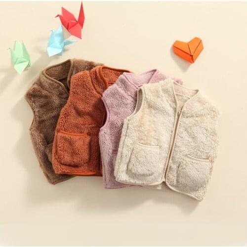 Infant Baby Sleeveless Plush Vest Waistcoat, Kids Solid Color V-neck Zipper Outerwear with Pockets, 1-5Years