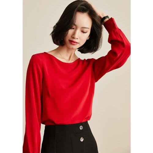 30 mu red chiffon silk office blouse womens shirts and blouses 2020 summer elegant sexy boho long sleeve plus size round collar