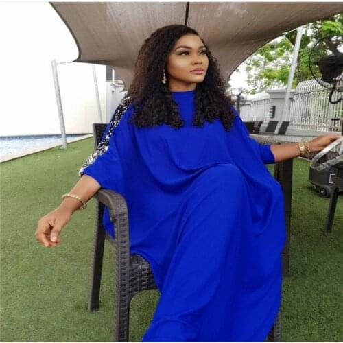 2019 African Fashion Clothes Female Sequin Solid Dashiki Loose Oversize Long Dress Casual Short Sleeve Split Robe for Woman
