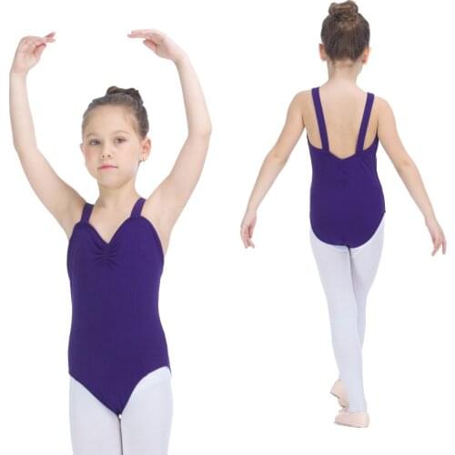 Girls Ballet School Dancewear Purple Cotton/Lycra Wide Straps Dance Leotard with Pinch Front and Back