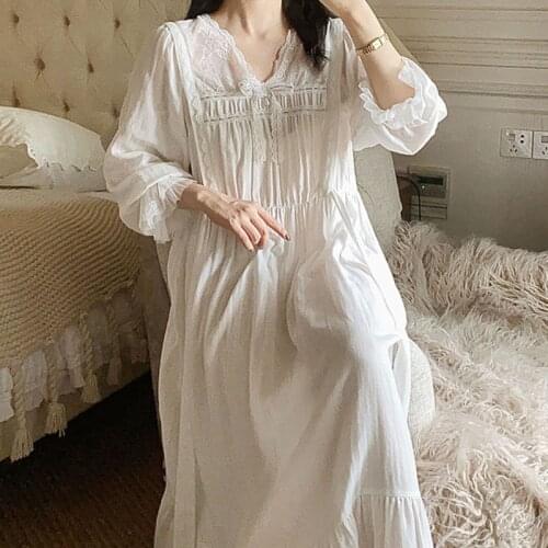 Victorian White Cotton Long Night Dress Women Autumn Vintage Lace Peignoir Gown Romantic Nightgown Princess Sleepwear Home Wear