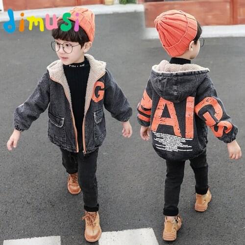 DIMUSI Boys Denim Jacket Winter Fur Collar Hoodies Coats Fashion Child Kids Outwear Jean Warm Snowsuits Cowboy Jackets Clothing