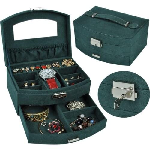 Flannel Wooden Double Layer Jewelry Box With Lock Princess Storage Box Drawer Necklace Casket Bracelet Box