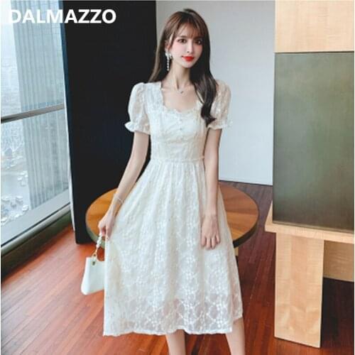 DALMAZZO Fashion Women Square Collar Lace Embroidery Holiday Long Dress 2021 Summer Designer Lady Slim A Line Vestidos Female