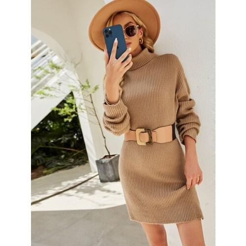 New Solid Color Pullover Knitted Wool Winter Dress Long Sleeve High Neck Dress Women
