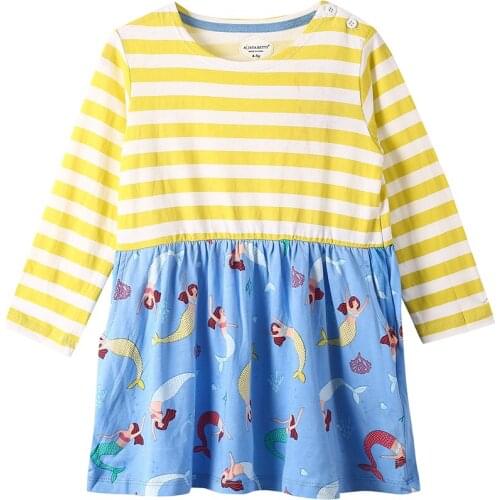 New Fall 2021 T Shirt for Girl Blue and Yellow Striped Mermaid Print Cotton Children Outdoor Size 2 3 4 5 6 7 Years Old