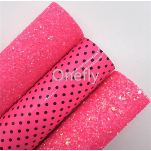 Onefly 21X29CM Neon Pink Glitter Leather, Dots Printed Faux Leather Fabric Sheets For Bow DIY handbags shoes AQ013