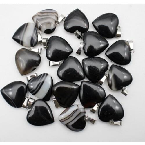 Wholesale 20mm 24pcs natural stone black stripe onyx agates heart pendants for diy jewelry making necklace pendant Accessories