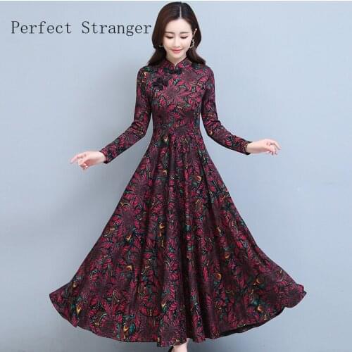 Cheongsam Dress 2021 Autumn Winter New Arrival High Qaulity Stand Collar Print Long Sleeve Hot Sale Women Long Dress
