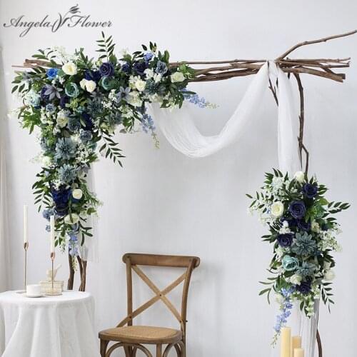 Custom Blue Triangle Corner Flower Artificial Flower Row Arrangement Wedding Backdrop Arch Decor Floral Party Stage Photo Props