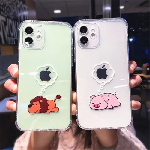 Cartoon Animal Lion Pig Phone Shockproof Case For iPhone 11 12 Pro Max X XS XR Mini 7 8 Plus Funny Transparent Couple Soft Cover