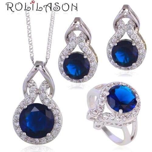 ROLILASON stamped Clip Earrings Necklace Pendant rings Retro Blue AAA CZ Fashion Jewelry Set for women JS628