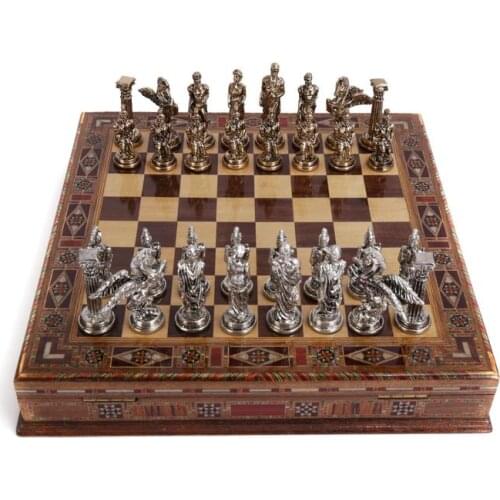 Medium Mythologic Pegasus Metal Chess Set, handmade Pieces and Natural Solid Wooden Chess Board with Storage Inside King 8 cm
