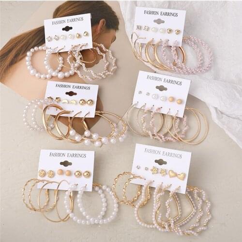 17KM Vintage Big Pearl Hoop Earrings Set For Women Fashion Gold Geometric Heart Circle Hoop Earrings Travel Wedding Jewelry Gift