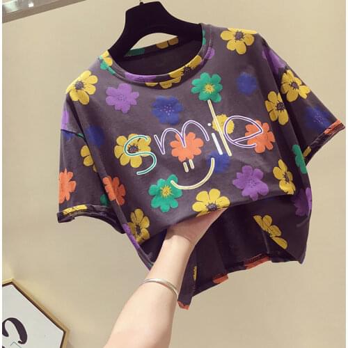 T-shirt Womens Short-sleeved 2021 New Summer Loose High-waisted Flower Print Half-sleeved Top Woman Tshirts