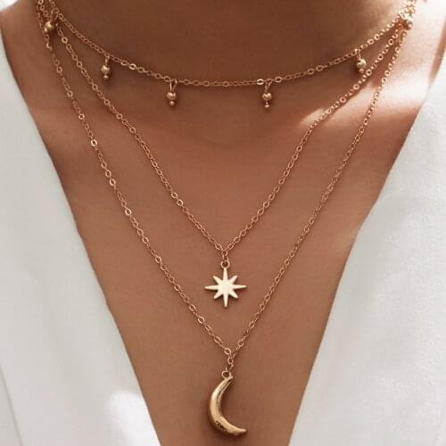 Fashion Multilayer Chain sun moon pendant Necklace for Women Gold Color Bohemian bead Neck chain Choker Collares Female collier