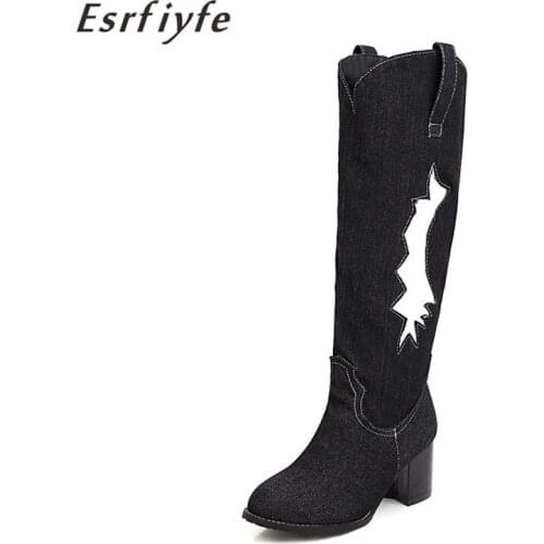 ESRFIYFE New Fashion Large Size 34-48 Autumn Winter Women Knee High Boots Denim Women Shoes Round Toe High Heel Black Ladies