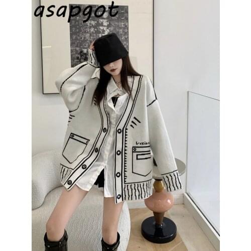 Retro Temperament Loose V Neck Graffiti Cardigan Knitted Jacket Long Autumn Winter Knitted Sweaters Tops Fashion Casual Pull