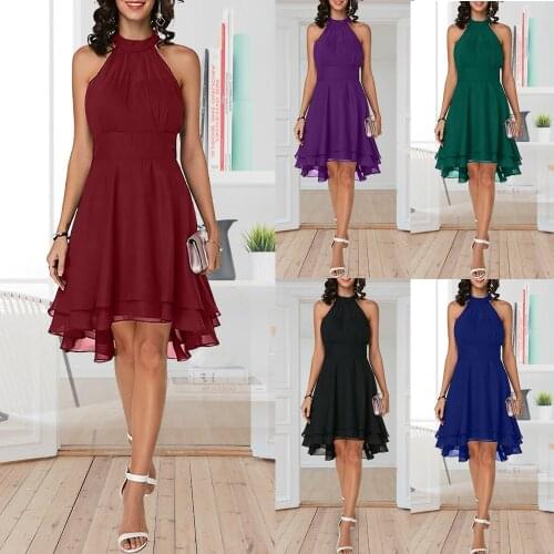 Summer Womens Solid Chiffon Dress Sexy Sleeveless Cropped Halter Party Dresses Casual Plus Size O-neck Knee-Length Dresses