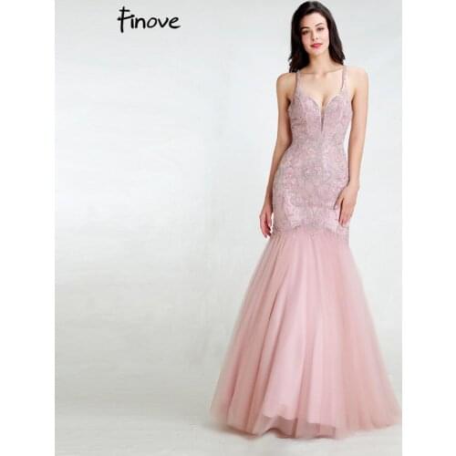 Finove Elegant Mermaid Evening Dresses Long 2020 Beaded Crytals Sexy V-neck Backless Floor Length Party Dress In Women' Dresses