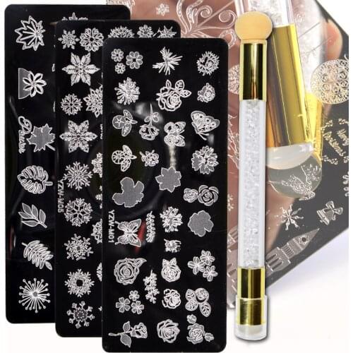 1 Set Nail Stamping Plates Stamper Scraper Leaf Rose Flower Nail Art Stamp Templates Silicone Sponge Brush Pen DIY Design Tools