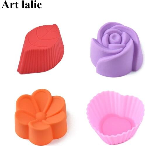 12 Pcs (1 dozen) Silicon Cake Baking Molds Shape of Round Rose Star heart for Jelly Mold Silicon Cupcake Pan Muffin Cup Baking