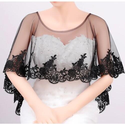 2020 Simple Black Women Tulle Jacket Lace Appliques Scoop Neck Prom Shawl Tops Short Front Long Back
