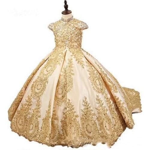 2020 Gold Glitz Ball Gown Princess Little Girls Pageant Dresses Fuchsia Little Baby Camo Flower Girl Dresses With Beads