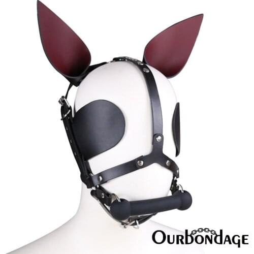 Ourbondage PU Leather Adjustable Rabbit Head Bondage Strap Harness With Silicone Bone Gag For Men Women Fetish BDSM Couples
