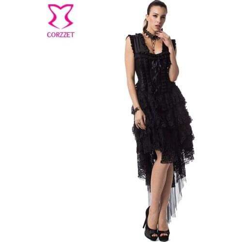 Black Ruffle Lace Victorian Corset Dress Swallowtail Corsets and Bustiers Gothic Dress Burlesque Masquerade Steampunk Clothing