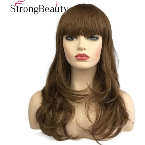 StrongBeauty Long Wavy Wigs with Neat Bang Womens Synthetic Wig Dark Brown/Medium Auburn Hair Natural Wigs