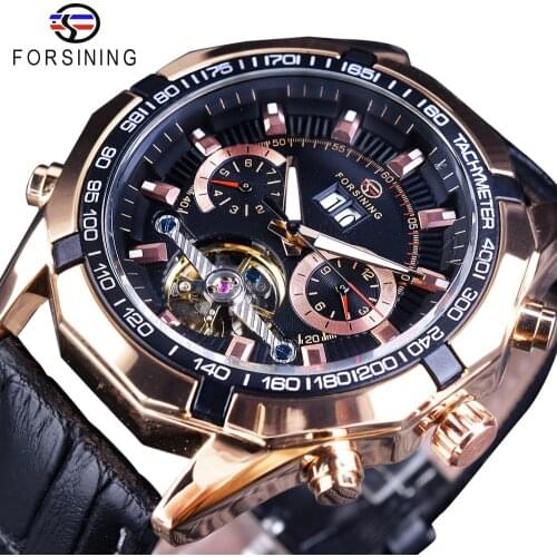 Forsining Tourbillion Fashion Sport Racing Bezel Design Rose Golden Calendar Display Automatic Creative Watches Top Brand Luxury