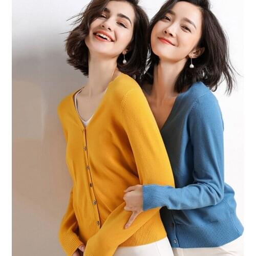 Womens Cardigan with Buttons Spring Autumn Long Sleeve V Neck Solid Ladies Thin Sweater Casual Single Breasted Knitted Female