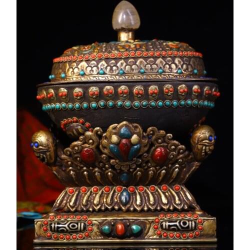 9"Tibet Temple Collection Old Tibetan silver Tracing Cinnabar Filigree mosaic gem Dzi Bead Skull head Gabala Bowl set Town House