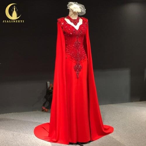 Rhine real Pictures Red Cape WIth Beads Crystal High Neck Mermaid vestidos de noche платье на выпускной evening dresses