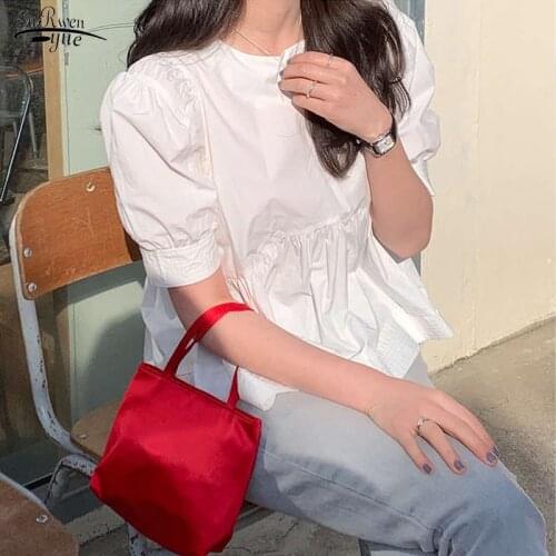 Summer 2021 Cotton White Blouse Korean Style Sweet Cute Round Collar Female Tops Bubble Short Sleeve Shirt Blusa Feminina 14038
