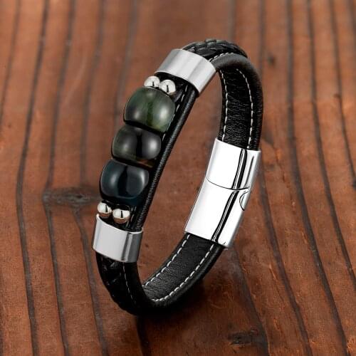 2021 New Natural Blue Tigers Eye 3 Lucky Charm Jewelry Bracelet 316L Stainless Steel Leather Rope Mens Bracelet OL Style