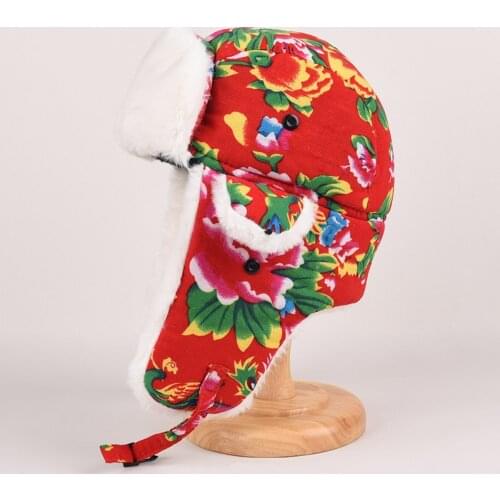 New 2021 Ushanka Russia Womens Winter Faux Fur Hats Outdoor Warm Snow cap Red Flower Print ski Earflap Mask Bomber Hat Women